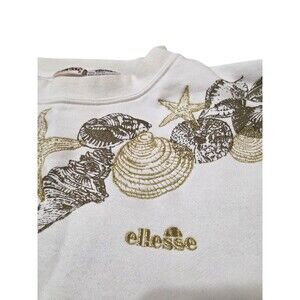 Vintage ELLESSE Seashell Sweatshirt White Embroidered Size L Bracelet Sleeves U1
